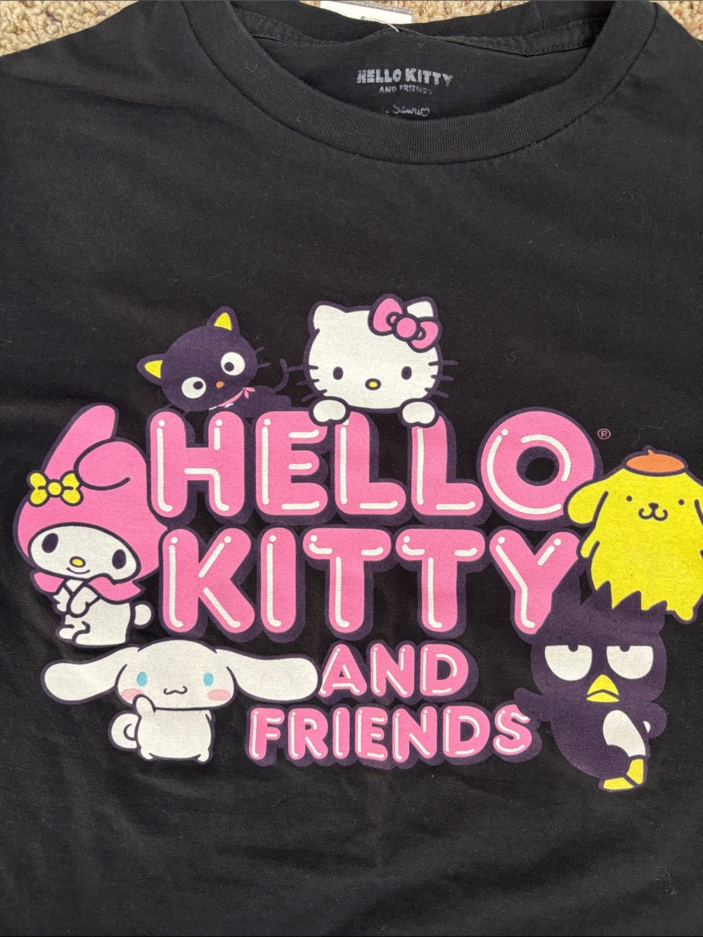 Hello Kitty and friends Black Tee with Pink & Yellow Character Graphic Print - Picture 2 of 5